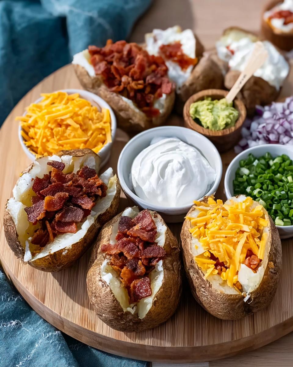 A wooden platter featuring several Loaded Baked Potatoes with toppings like bacon bits, shredded cheese, sour cream, and chives.