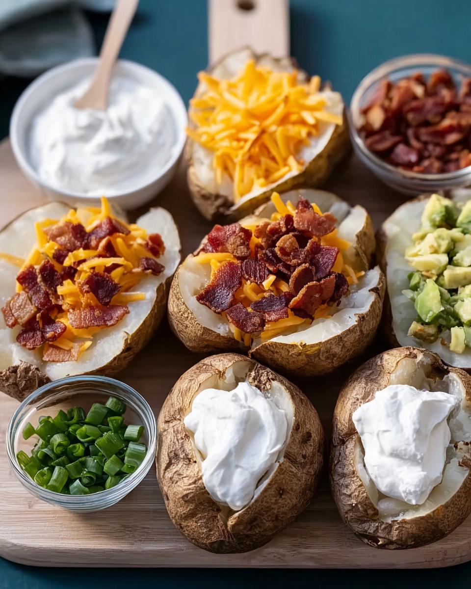 Six baked potatoes displayed with various toppings for Loaded Baked Potatoes, including cheese, bacon, sour cream, and chives.