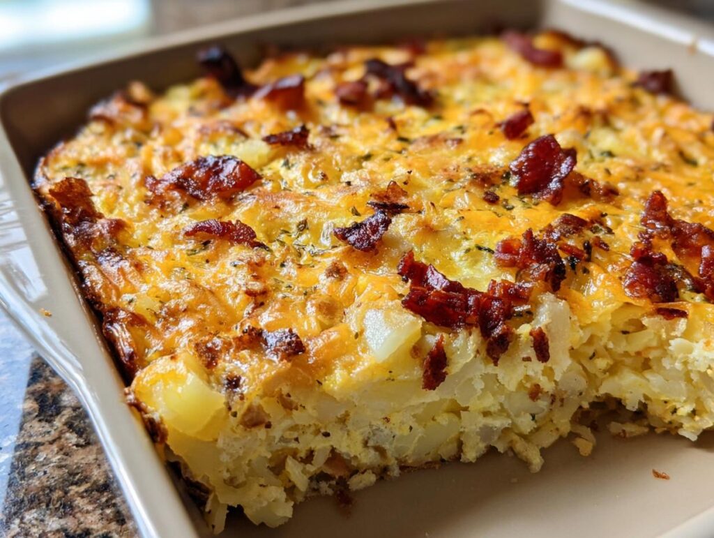 A close-up view of the baked Loaded Breakfast Casserole with Bacon and Potatoes, showing melted cheese and crispy bacon bits.