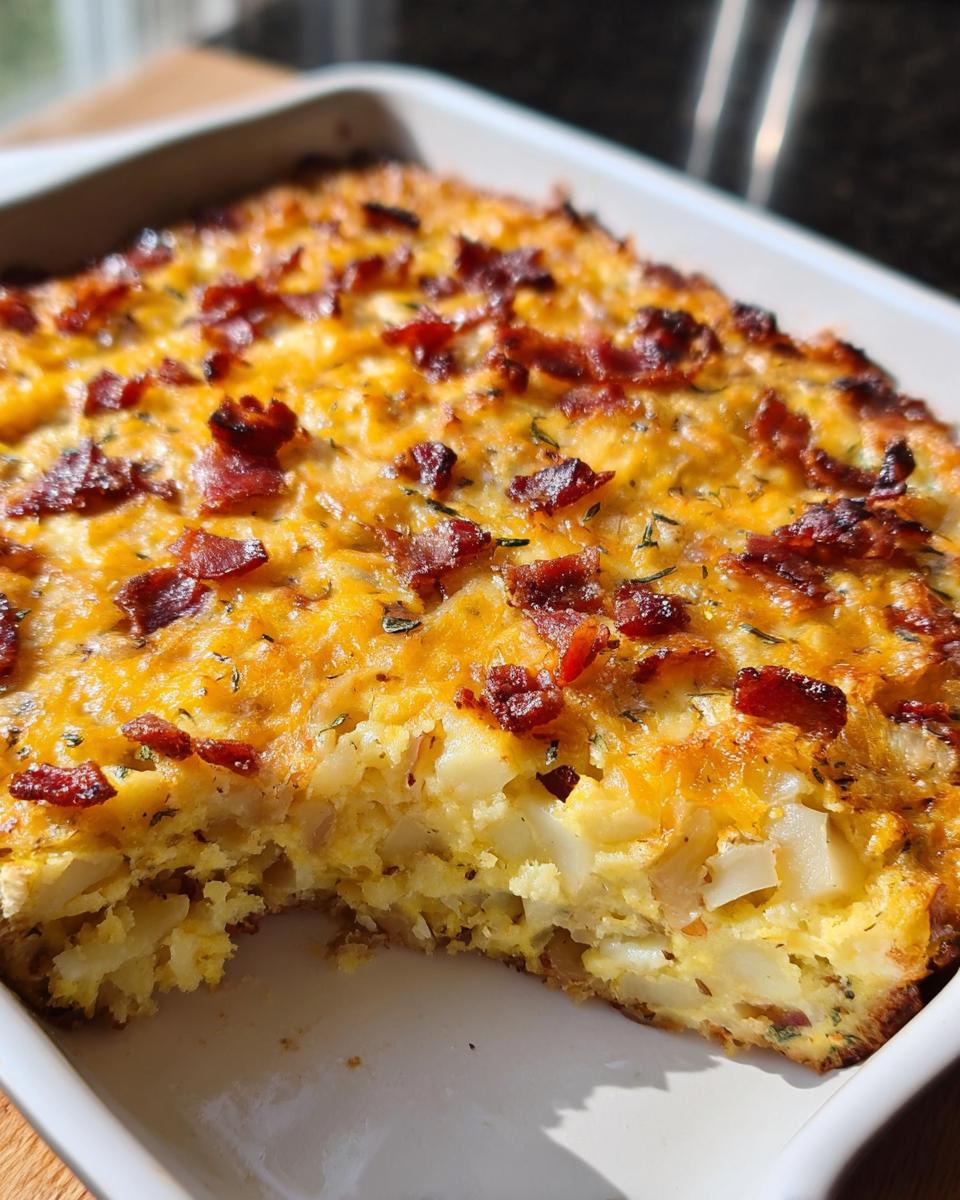 A serving has been taken from the golden-brown Loaded Breakfast Casserole with Bacon and Potatoes, showing the cheesy, eggy interior with chunks of potato.