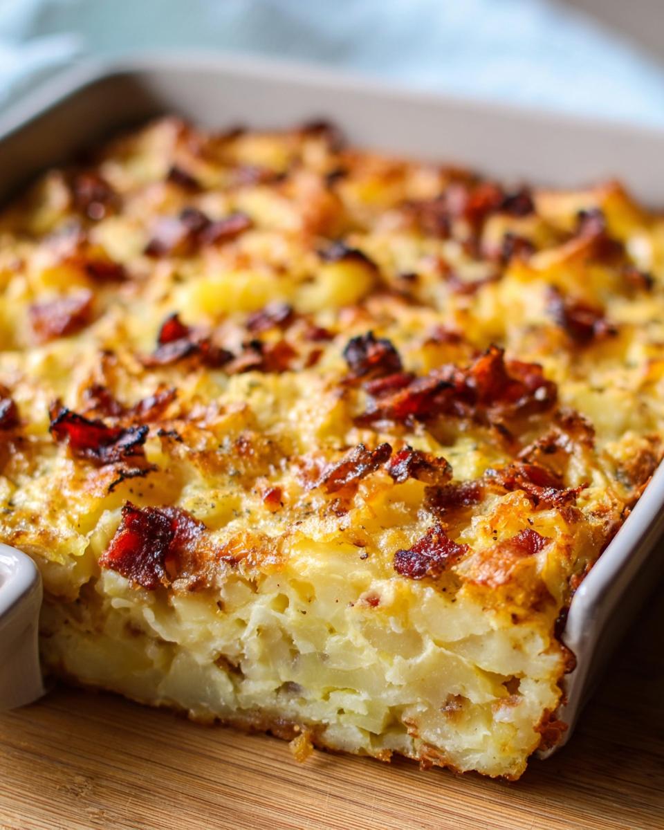 Close-up of a baked Loaded Breakfast Casserole with Bacon and Potatoes showing layers of egg, cheese, and potatoes.