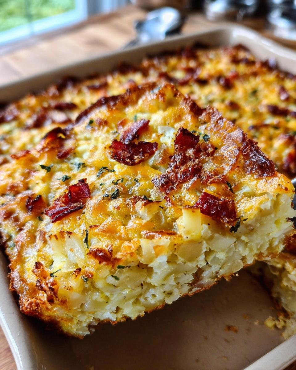 A slice being lifted from a golden-brown Loaded Breakfast Casserole with Bacon and Potatoes, showing potatoes and cheese.