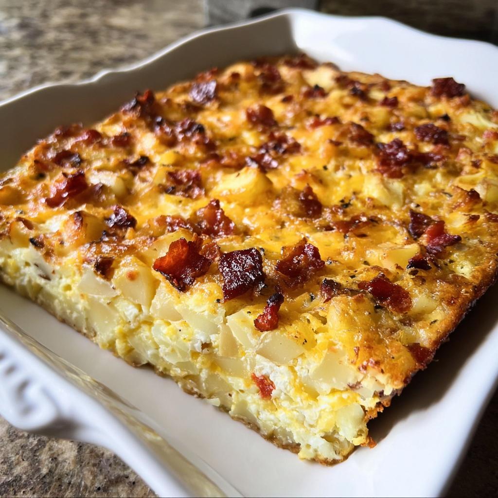 A close-up of a square slice of Loaded Breakfast Casserole with Bacon and Potatoes, showing layers of eggs, diced potatoes, and crispy bacon bits.