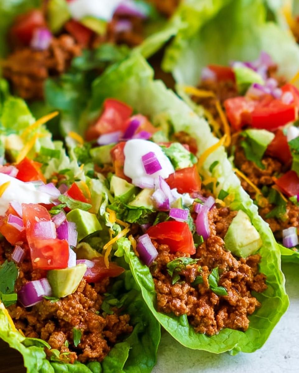 Close-up of several Turkey Taco Lettuce Wraps filled with seasoned ground turkey, topped with tomatoes, red onion, and sour cream.