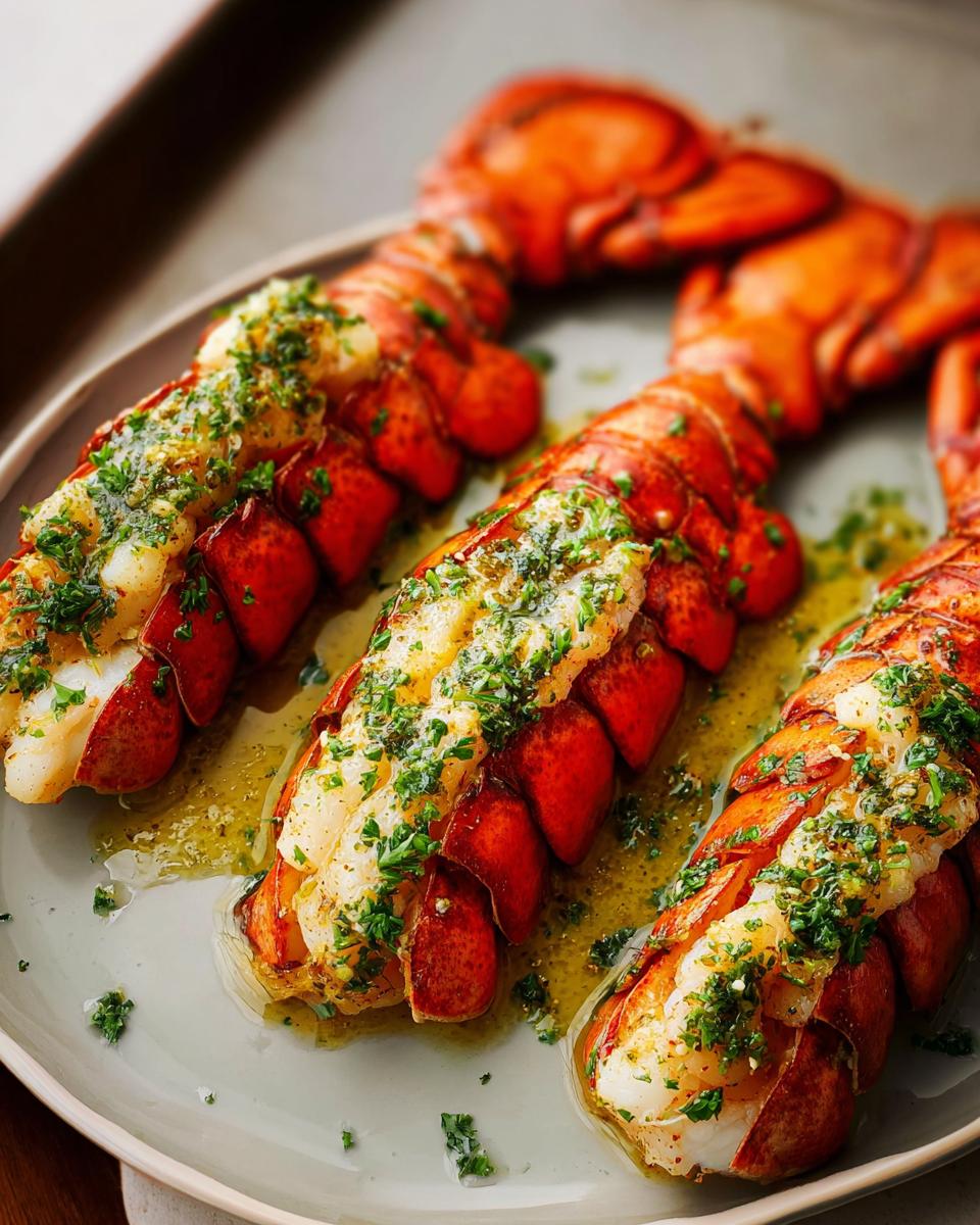 Three cooked lobster tails topped with garlic lemon butter and parsley, ready to eat.