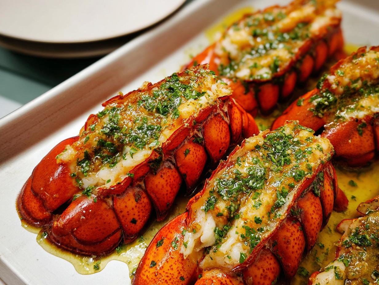 Close-up of succulent Lobster Tails with Garlic Lemon Butter, topped with fresh parsley.