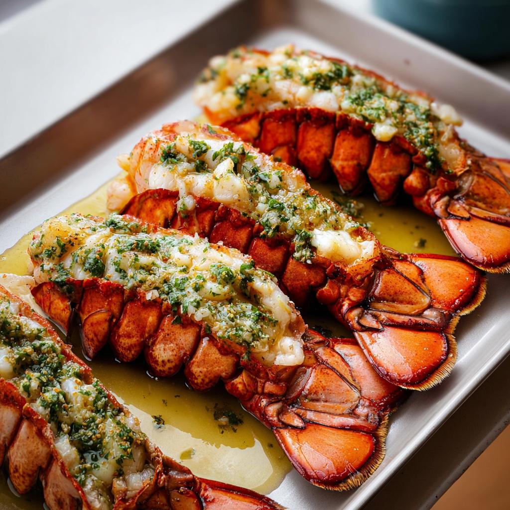 Four perfectly cooked Lobster Tails with Garlic Lemon Butter sauce resting in melted butter on a serving platter.