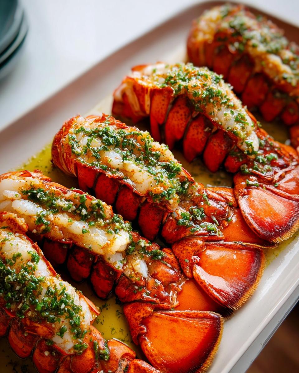Four cooked Lobster Tails with Garlic Lemon Butter sauce served on a white platter.