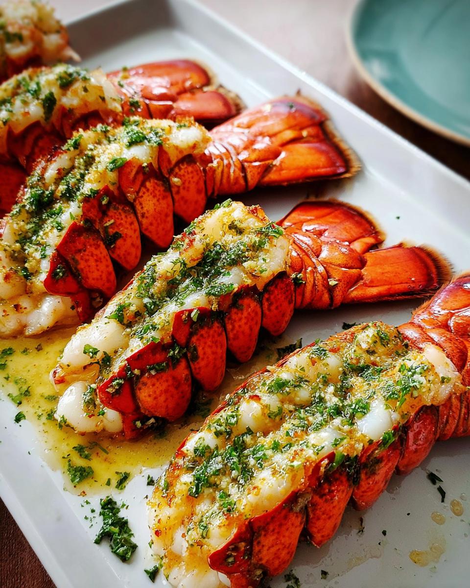 Three perfectly cooked Lobster Tails with Garlic Lemon Butter, topped with parsley, resting in butter sauce.