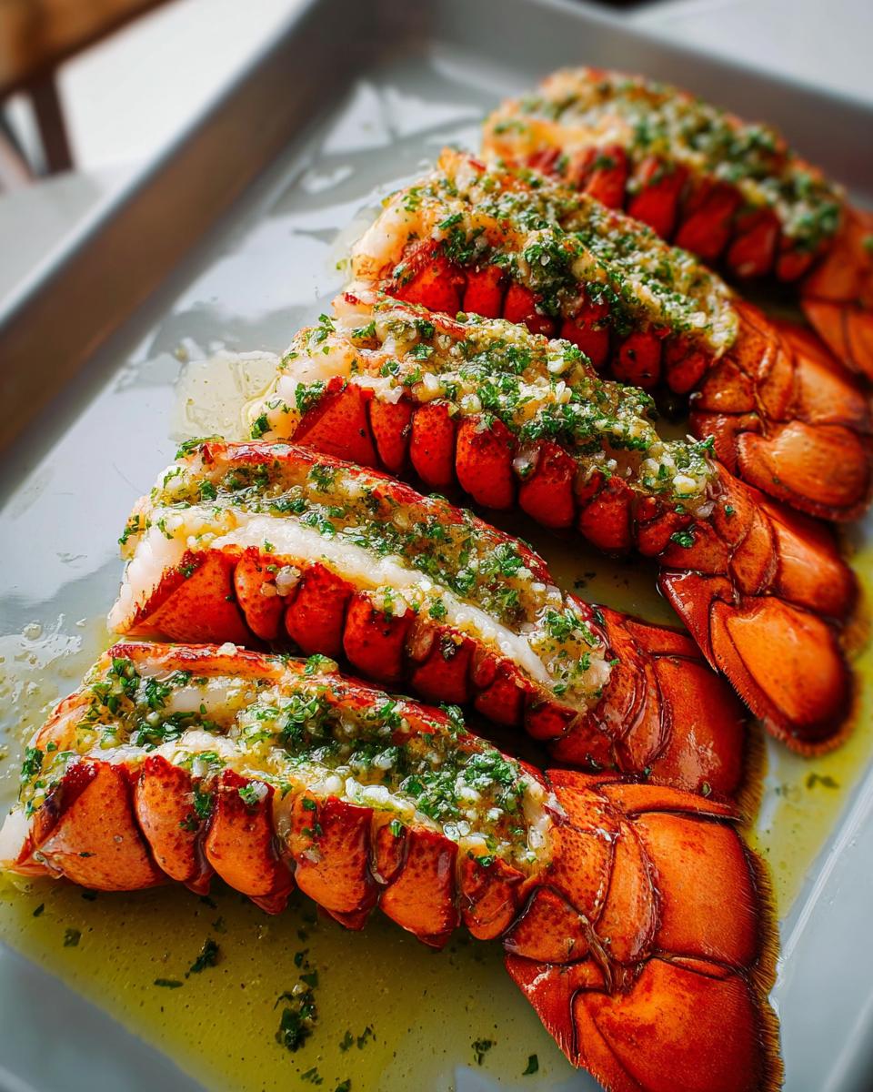 Close-up of several cooked lobster tails topped generously with garlic lemon butter sauce and fresh parsley.