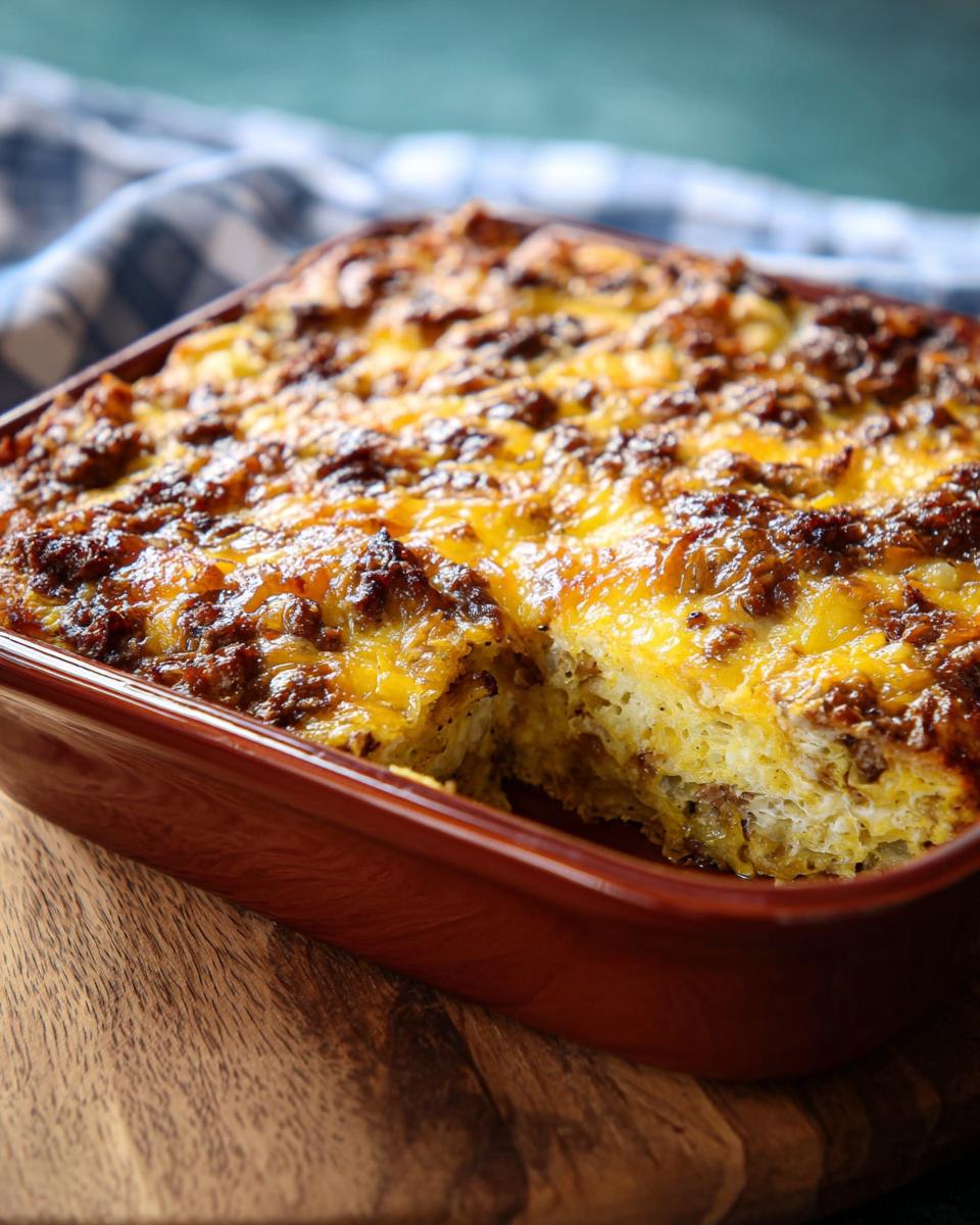 A baked Make-Ahead Breakfast Strata with Bread & Cheese in a brown dish, showing a slice removed.