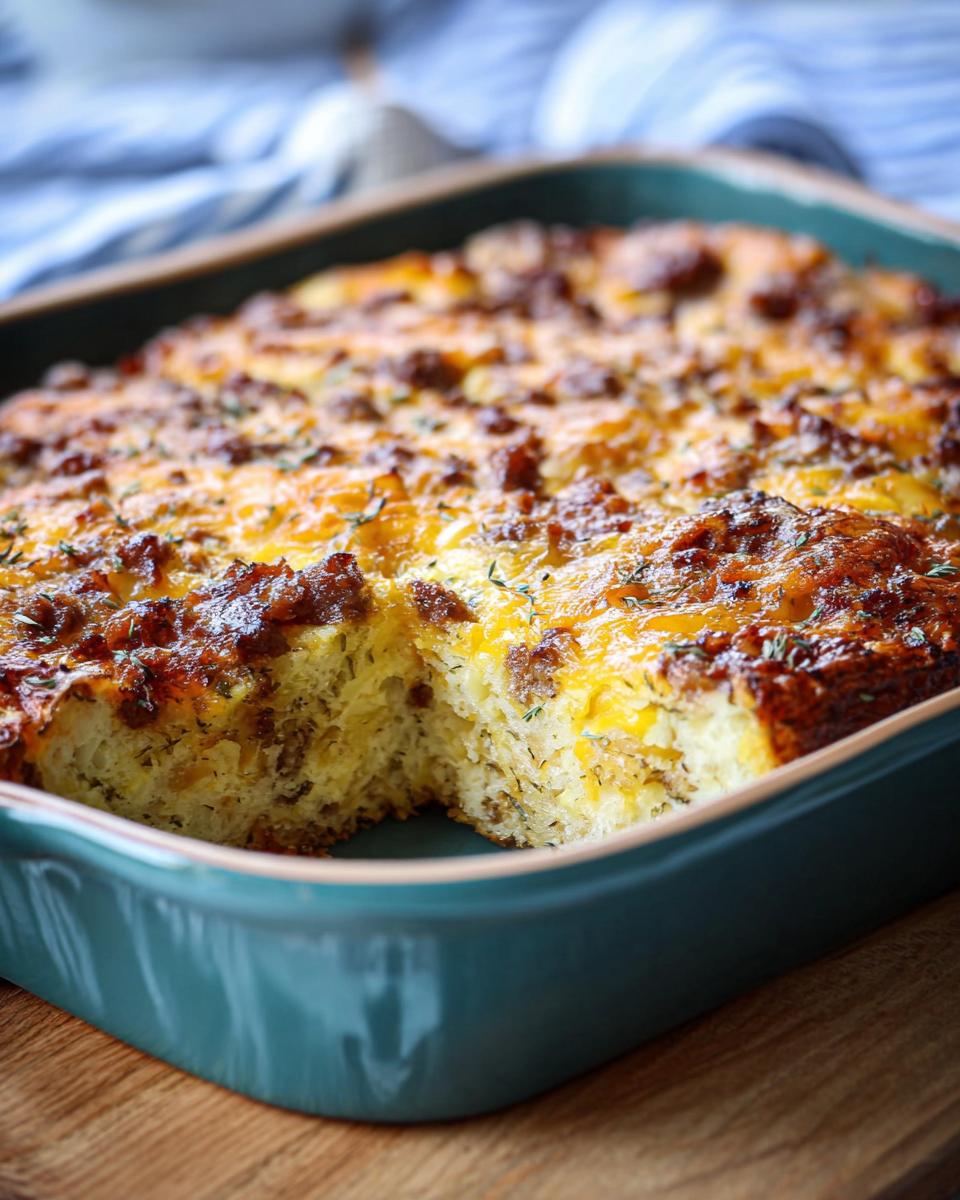 Close-up of a baked Make-Ahead Breakfast Strata with bread and cheese, showing a browned, cheesy top layer with sausage crumbles.