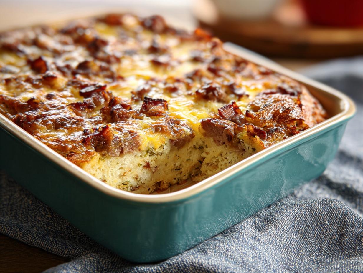 A baked Make-Ahead Breakfast Strata with Bread & Cheese showing a golden-brown, cheesy top with sausage pieces in a teal baking dish.