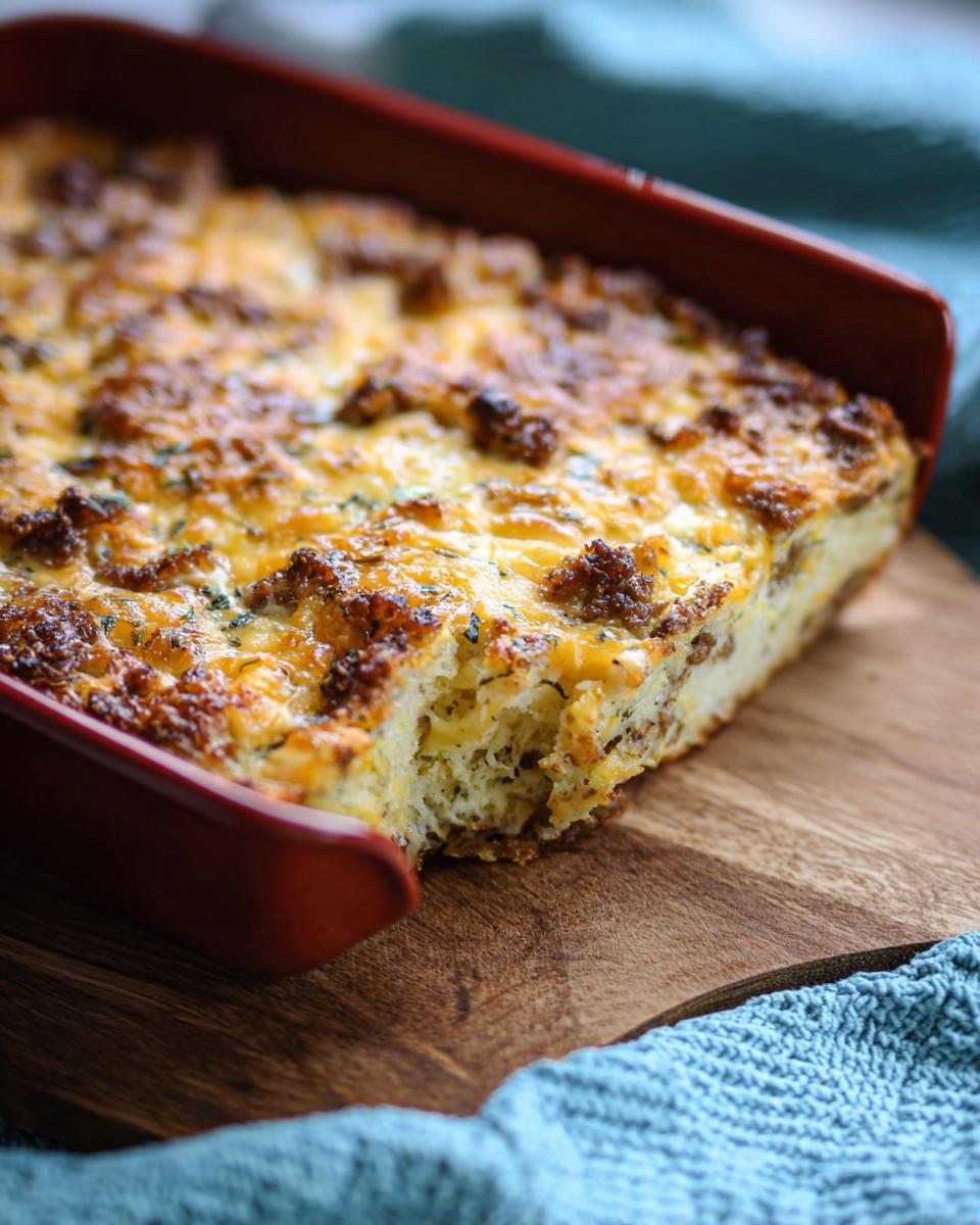 Close-up of a baked Make-Ahead Breakfast Strata with bread and cheese, showing a portion removed.