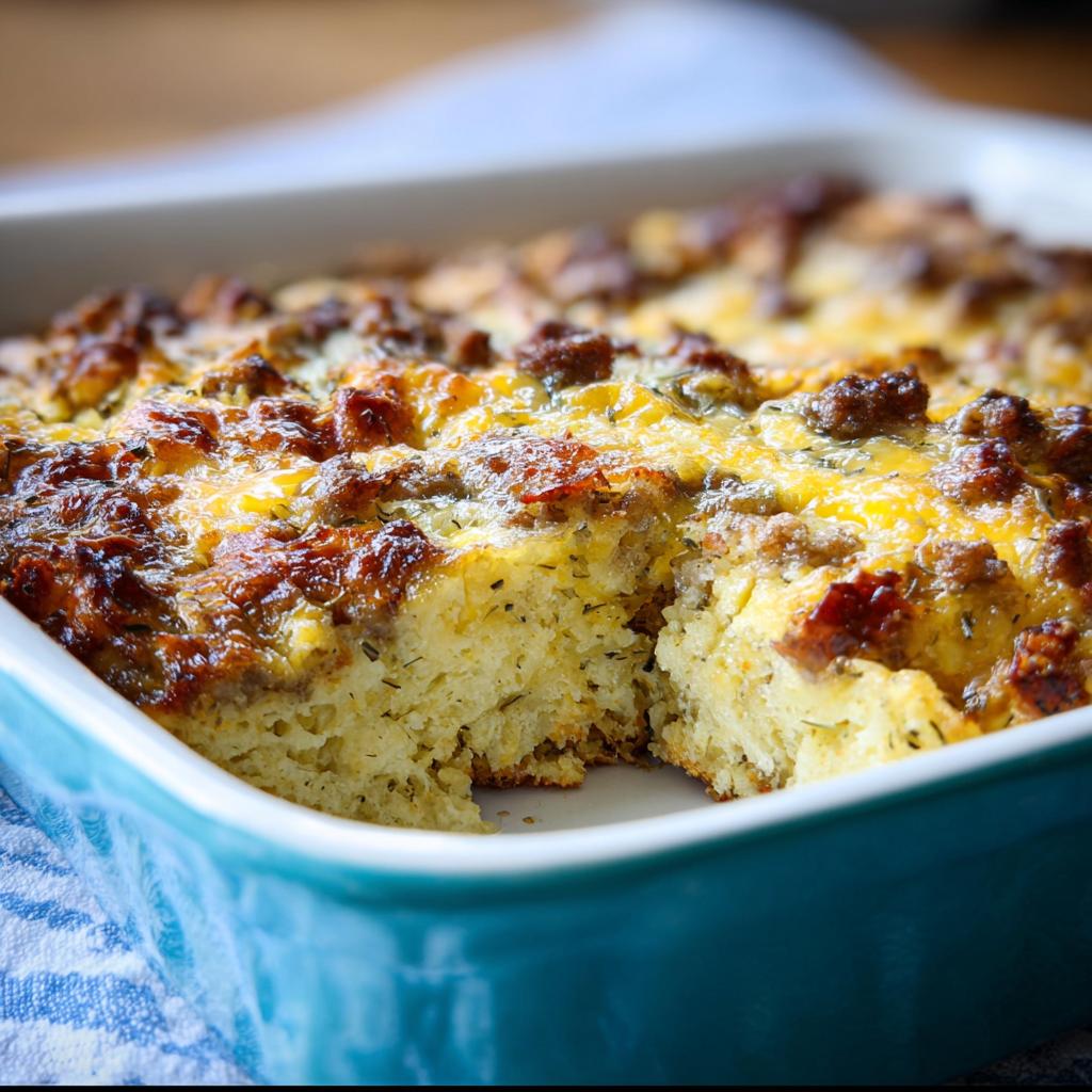 Close-up of a baked Make-Ahead Breakfast Strata with sausage crumbles and melted cheese in a blue baking dish.