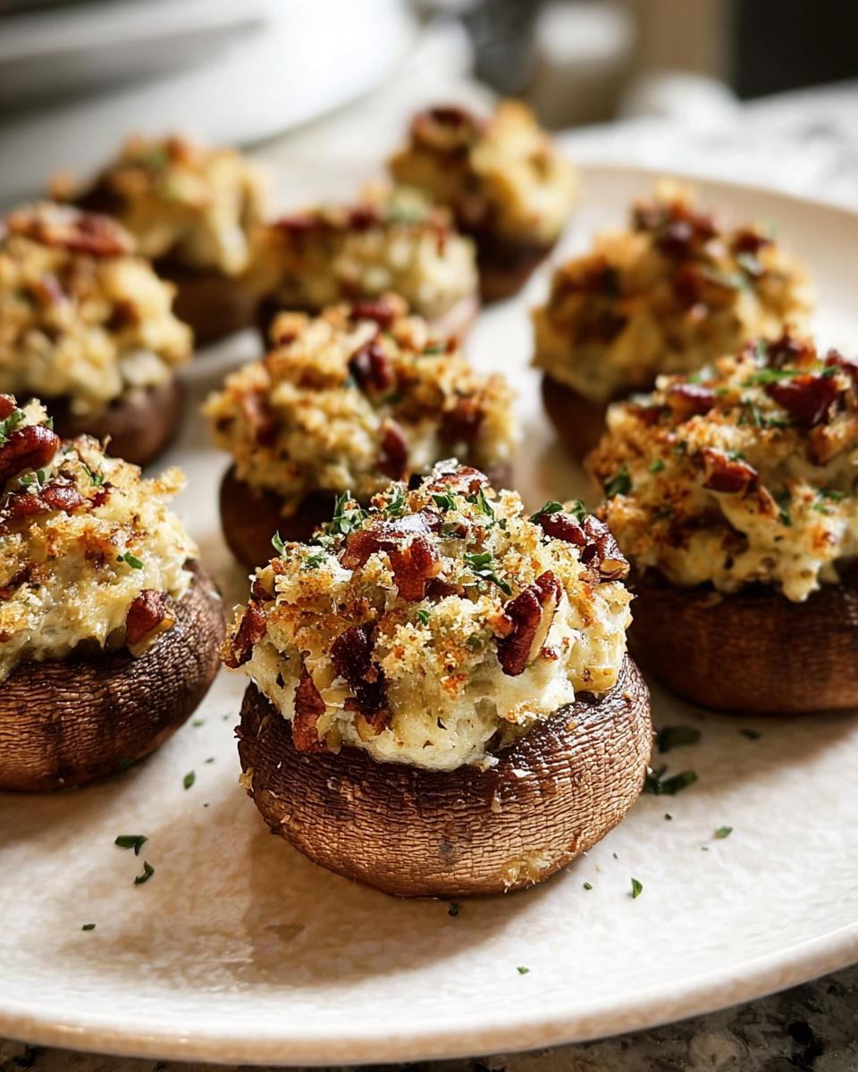 Close-up of several baked Stuffed Mushrooms (Make Ahead) piled high with creamy filling and topped with bacon bits and parsley.