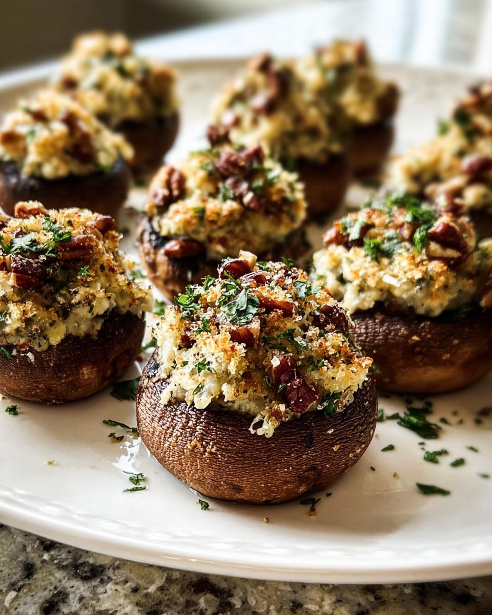 A plate of freshly baked Stuffed Mushrooms topped with breadcrumbs, pecans, and fresh parsley.