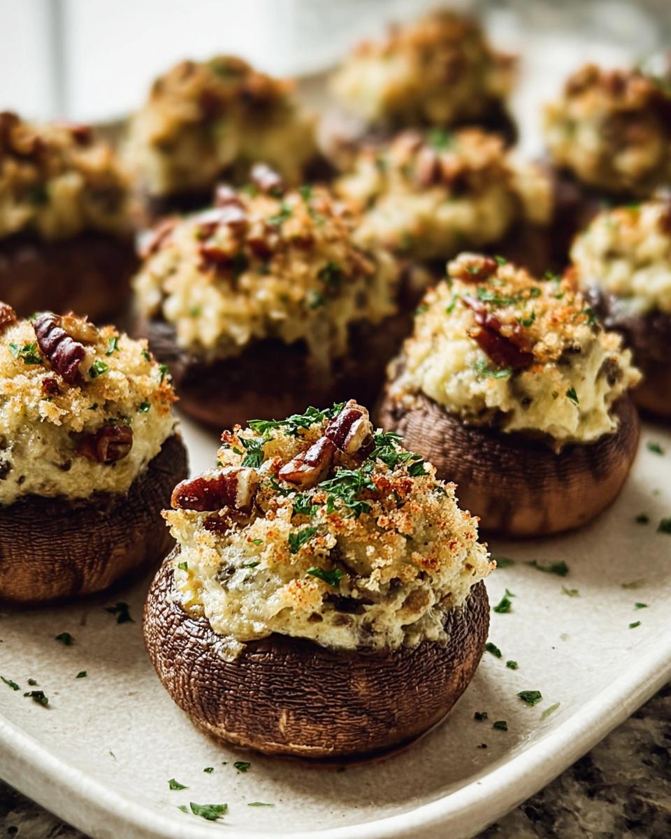 Close-up of savory Stuffed Mushrooms (Make Ahead) topped with breadcrumbs and pecans on a white platter.