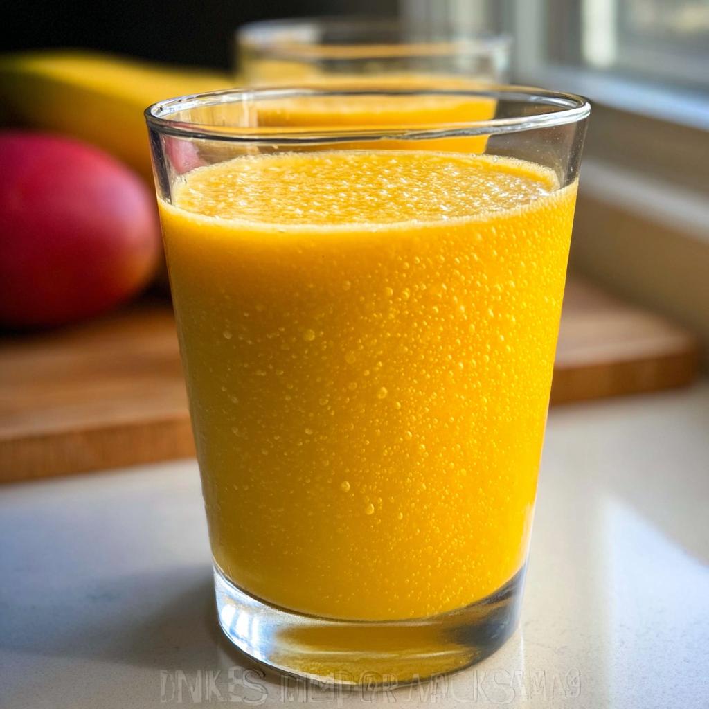 Close-up of a tall glass filled with a bright yellow Mango Pineapple Smoothie, showing condensation droplets.