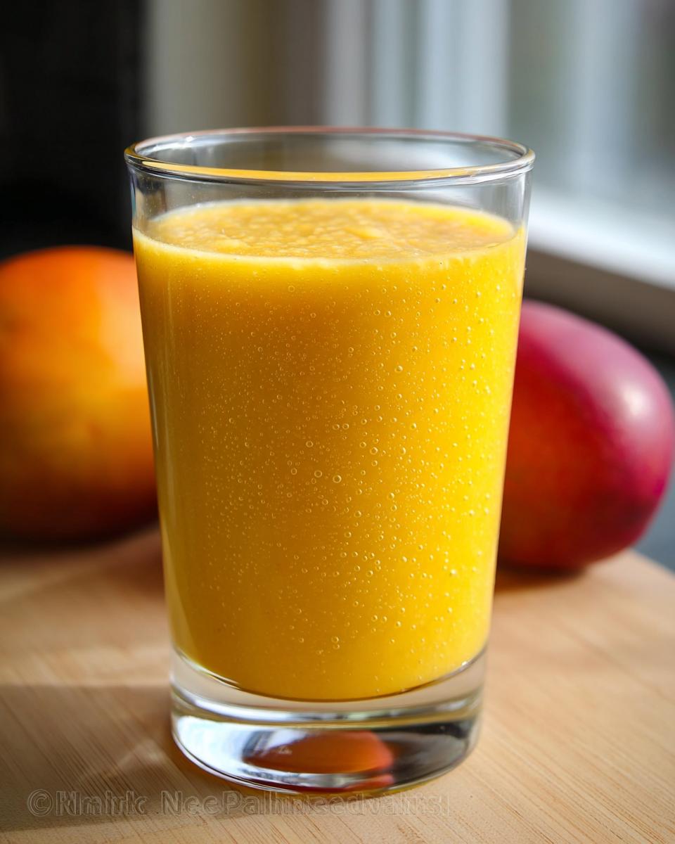 A tall glass filled with bright yellow Mango Pineapple Smoothie, with whole mangoes blurred in the background.