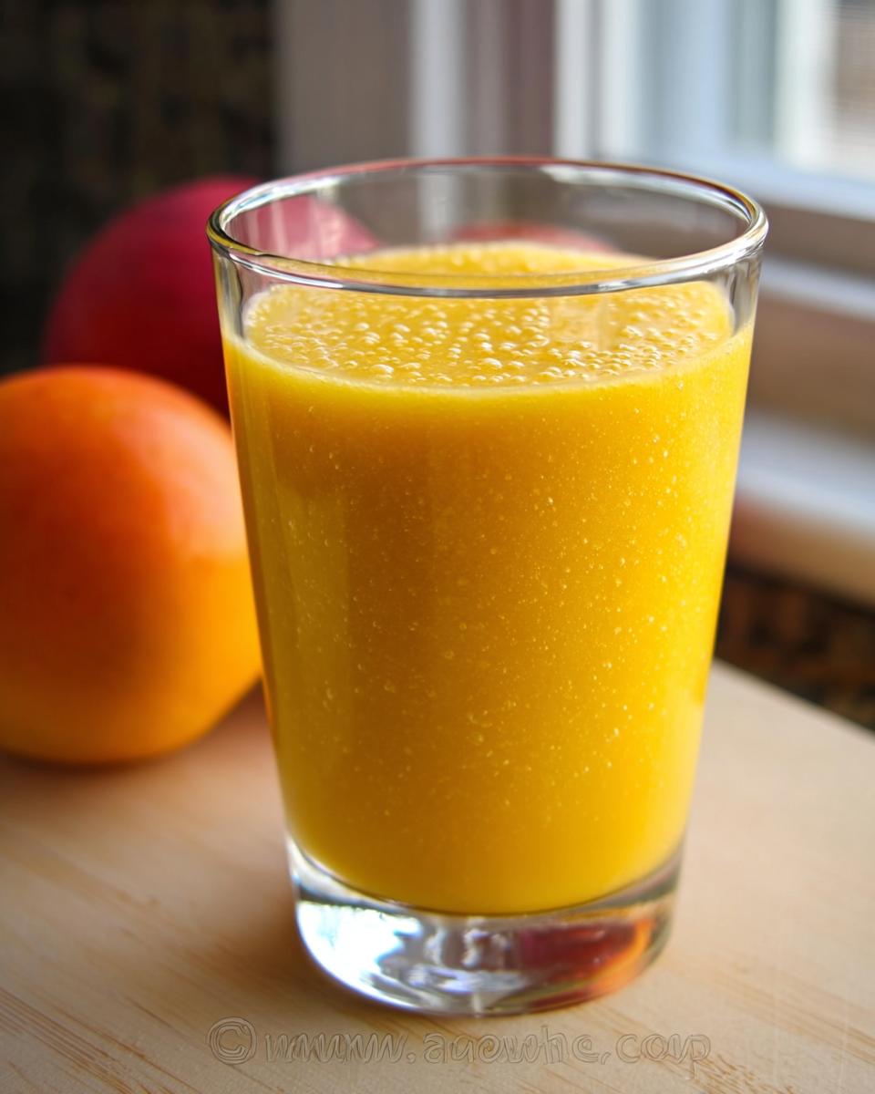 Close-up of a vibrant, frothy Mango Pineapple Smoothie served in a clear glass, with fresh fruit blurred in the background.
