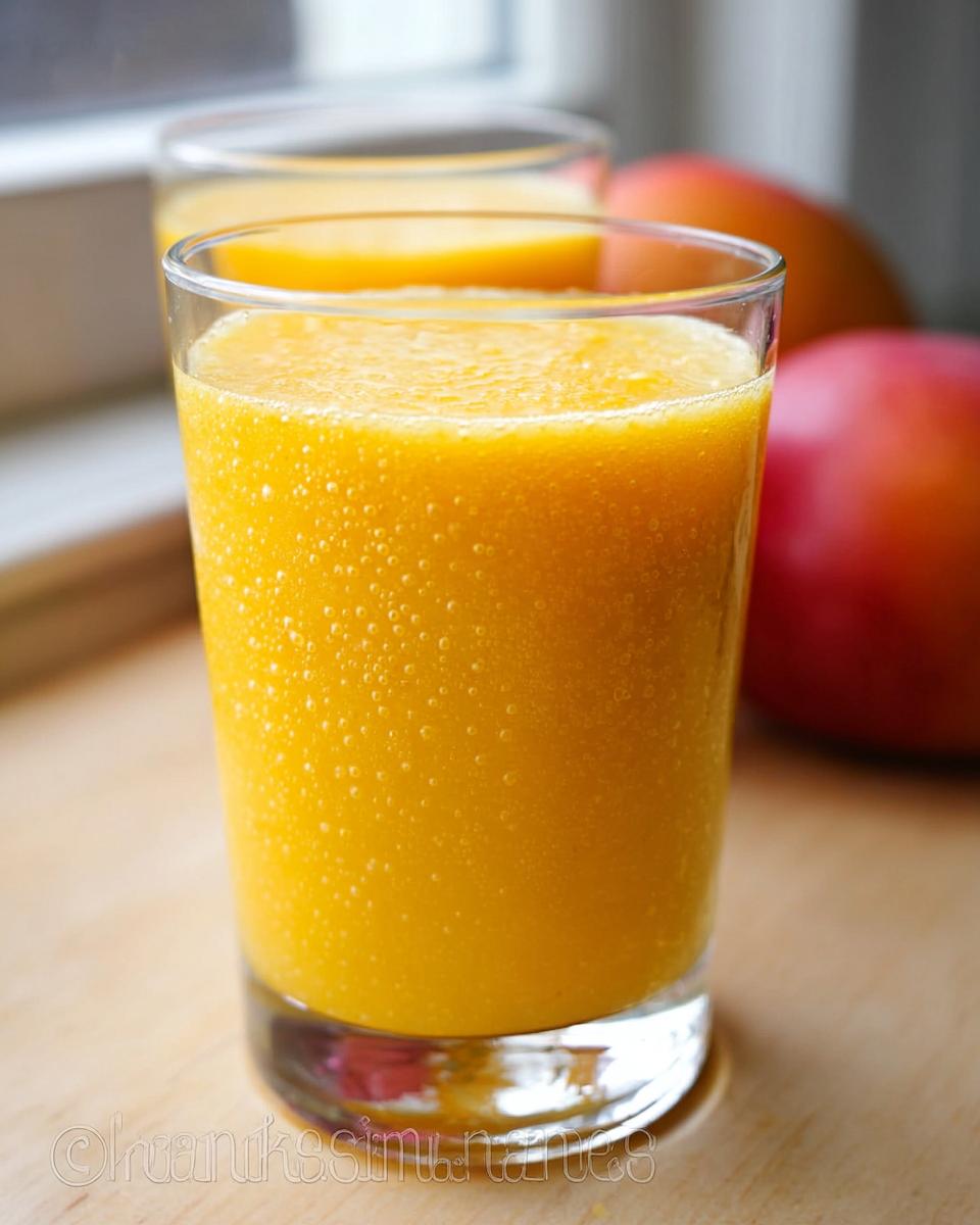 Close-up of a bright orange Mango Pineapple Smoothie in a tall glass, with whole mangoes blurred in the background.