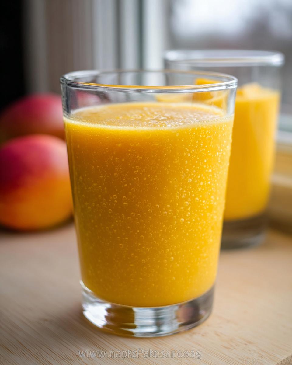 Close-up of a frosty glass filled with bright orange Mango Pineapple Smoothie, with whole mangoes blurred in the background.