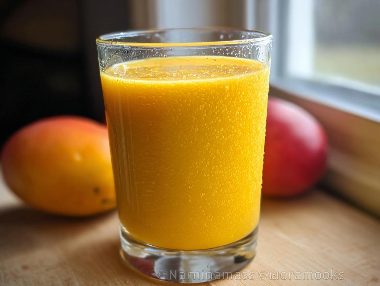 A tall, chilled glass filled with a bright yellow Mango Pineapple Smoothie, condensation visible on the glass, with two mangoes blurred in the background.