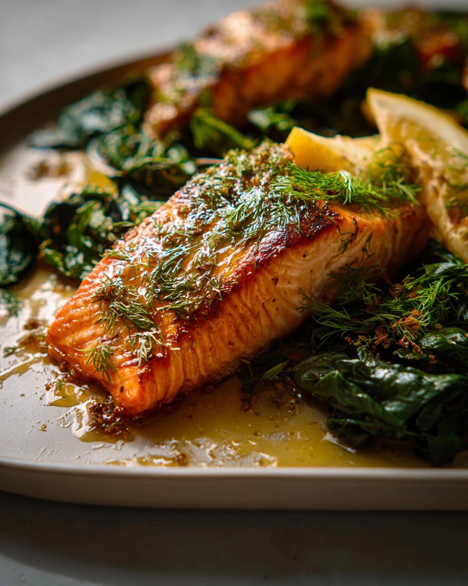 Close-up of a perfectly cooked Maple Dijon Salmon Sheet Pan fillet topped with fresh dill and served over wilted greens.