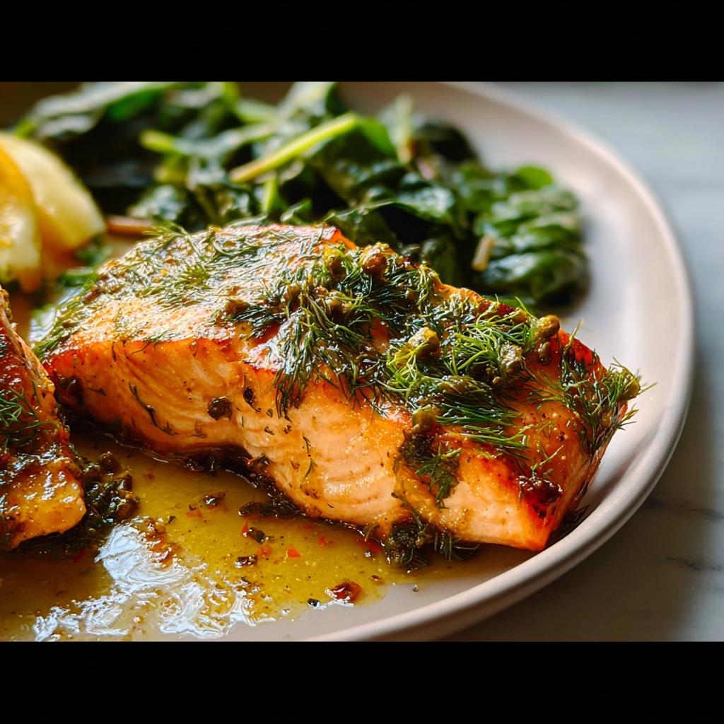 Close-up of a perfectly cooked Maple Dijon Salmon Sheet Pan fillet topped with fresh dill and sauce.