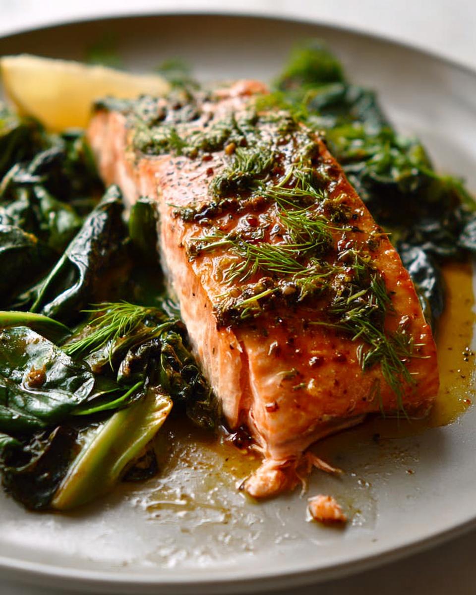 Close-up of a perfectly cooked Maple Dijon Salmon Sheet Pan fillet topped with herbs, served with wilted greens.