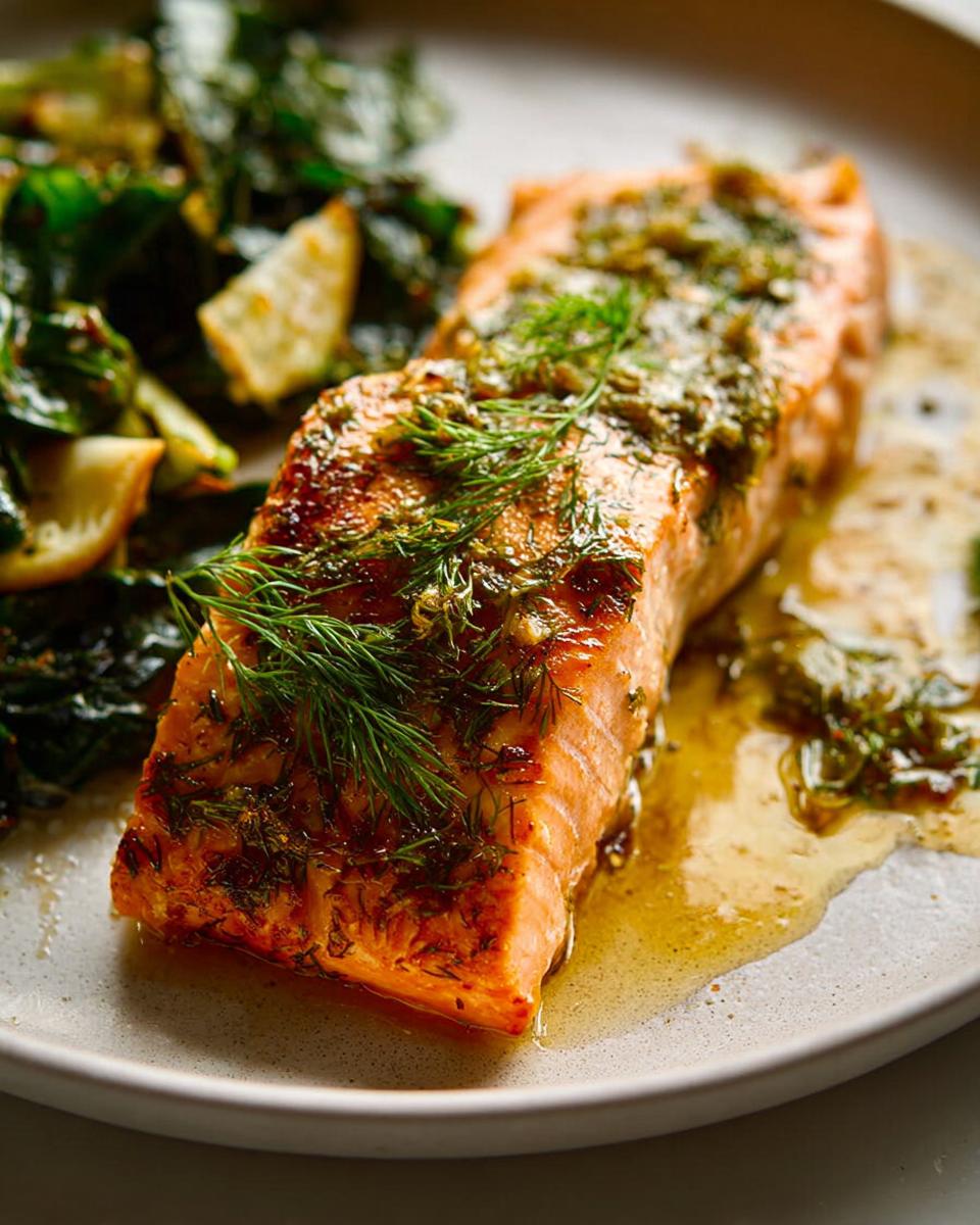 Close-up of a perfectly cooked Maple Dijon Salmon Sheet Pan fillet topped with fresh dill and pan juices.