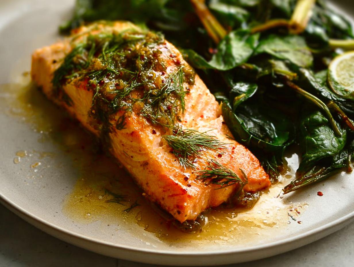 Close-up of a perfectly cooked Maple Dijon Salmon Sheet Pan fillet topped with dill and served with wilted greens.