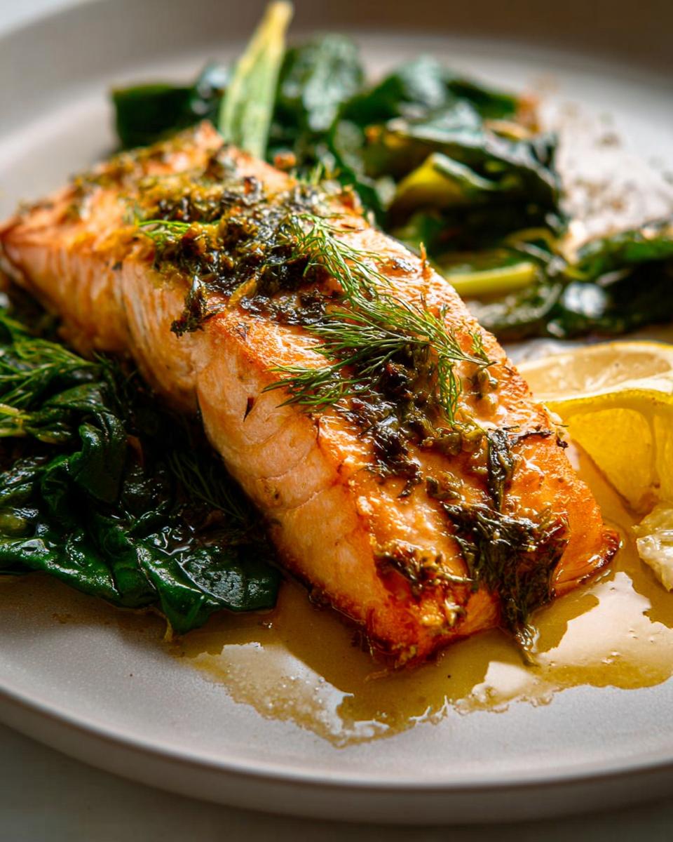 Close-up of a perfectly cooked Maple Dijon Salmon Sheet Pan fillet topped with herbs and served with wilted spinach.