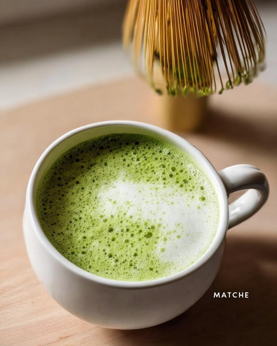 A freshly prepared Matcha Green Tea Latte with vibrant green foam in a white mug, with a bamboo whisk visible in the background.