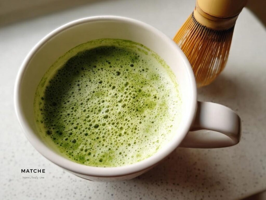Overhead view of a freshly prepared Matcha Green Tea Latte with fine foam next to a bamboo whisk.