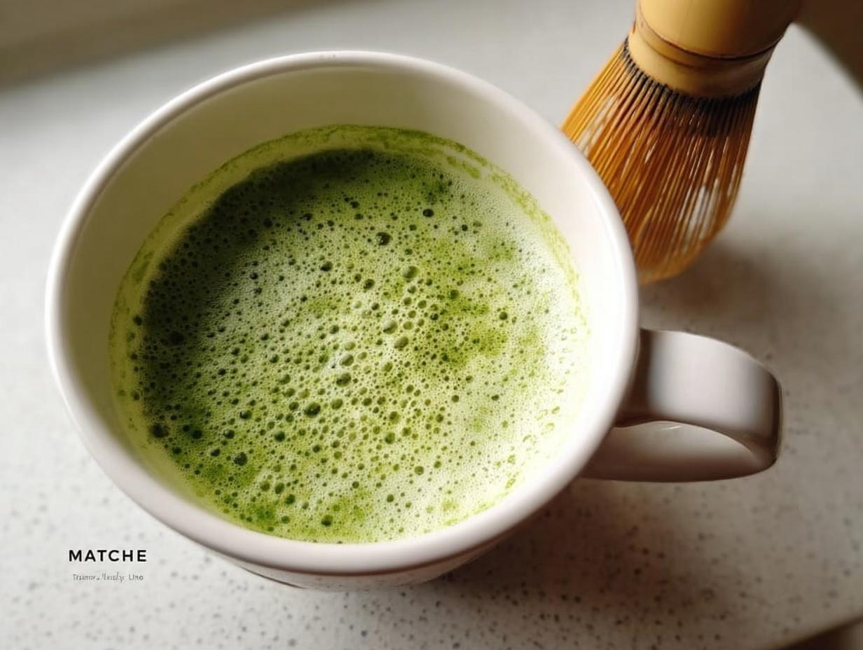 Overhead view of a freshly prepared Matcha Green Tea Latte with fine foam next to a bamboo whisk.