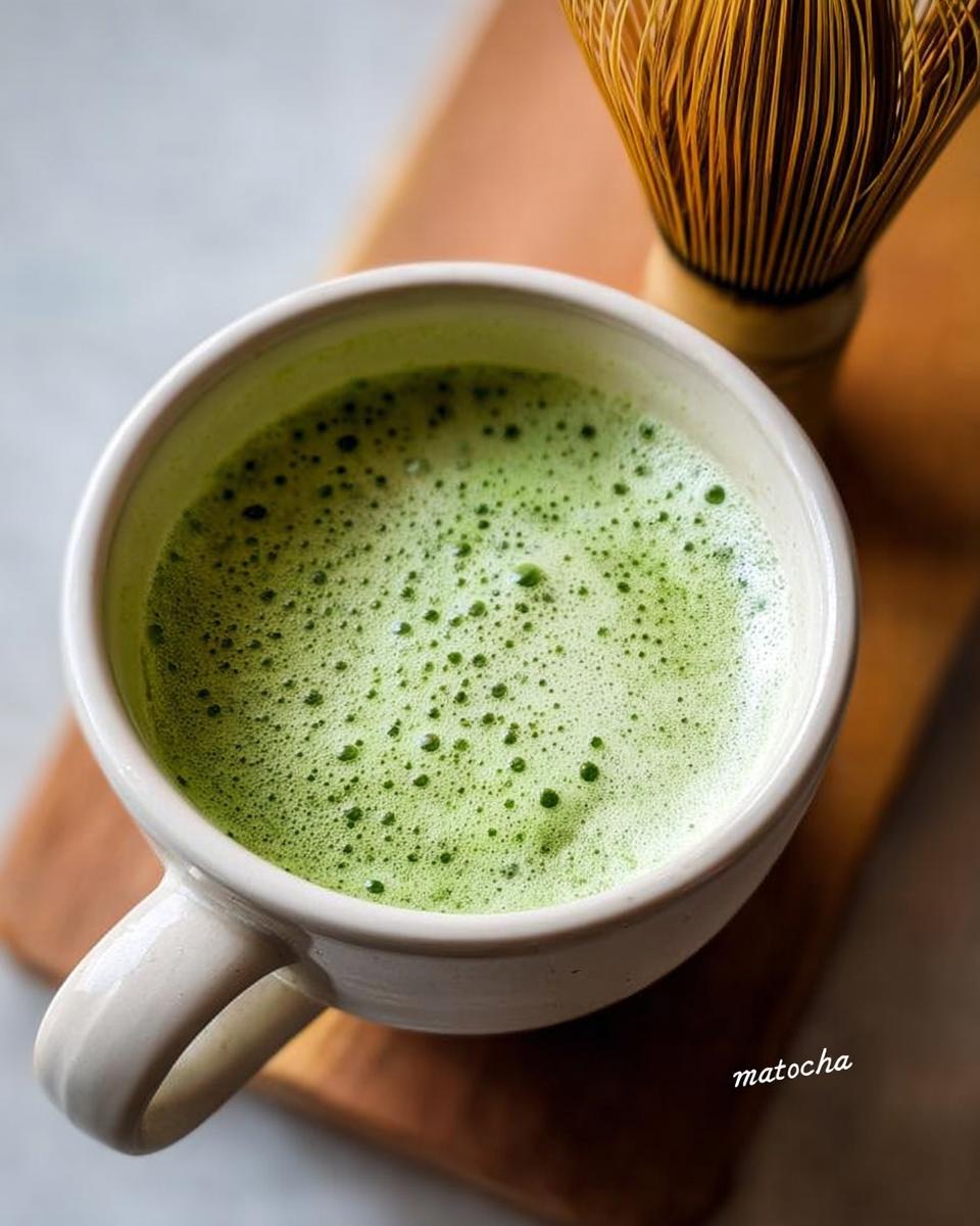 Overhead view of a freshly prepared Matcha Green Tea Latte with fine foam, next to a bamboo whisk.