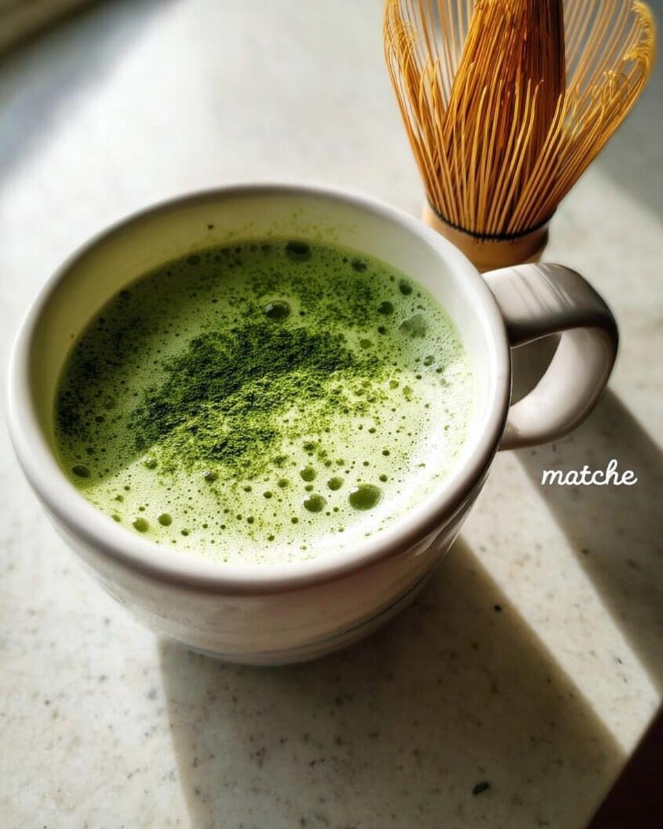 A freshly prepared Matcha Green Tea Latte in a white mug next to a bamboo whisk.