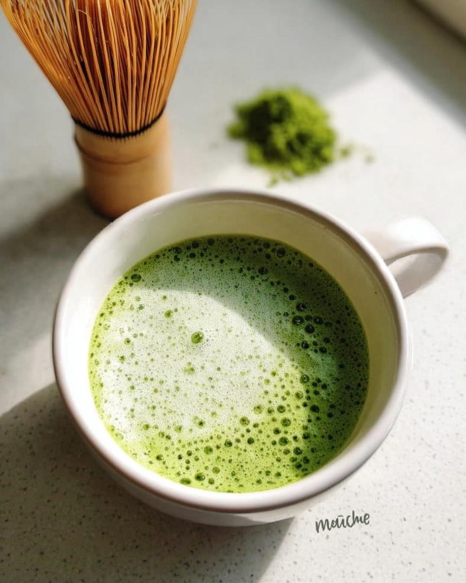 A bright green Matcha Green Tea Latte with foam in a white mug, next to a bamboo whisk and loose matcha powder.