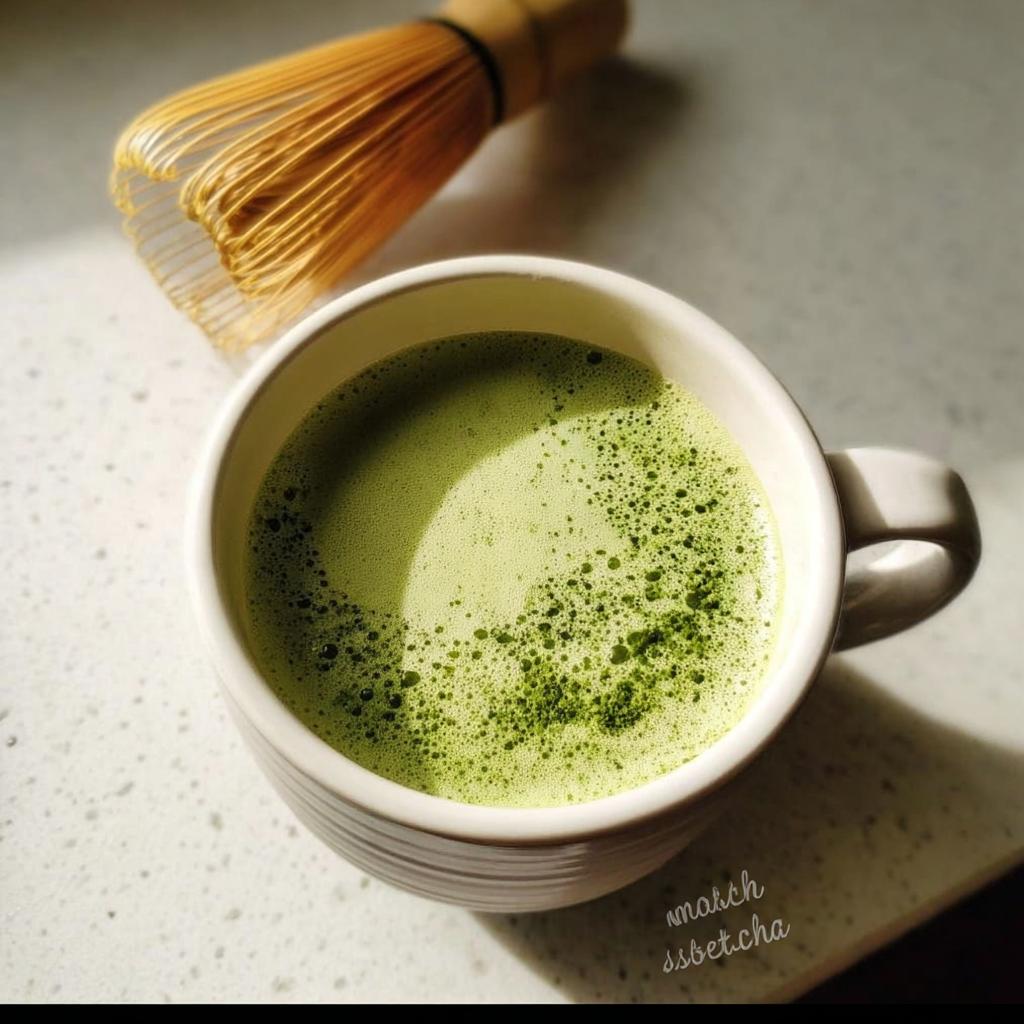 Overhead view of a freshly prepared Matcha Green Tea Latte with foam, next to a bamboo whisk.