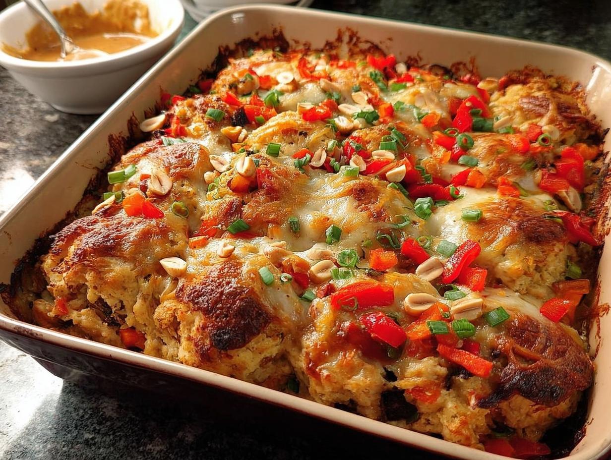 A golden-brown baked casserole topped with melted cheese, chopped red peppers, peanuts, and green onions, perfect for dinner recipes for busy weeknights.