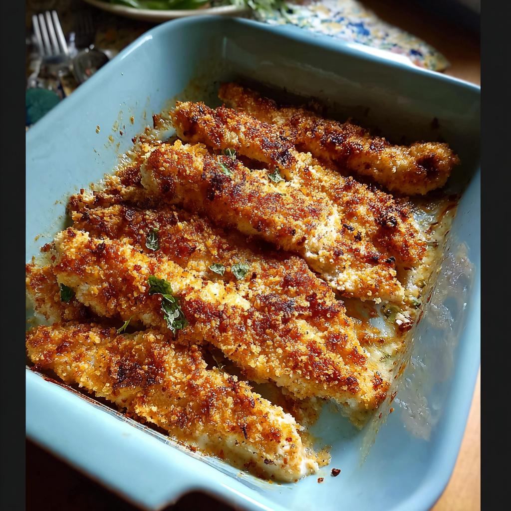 Close-up of golden, crispy baked chicken tenders, perfect for Melt In Your Mouth Chicken, resting in a light blue baking dish.