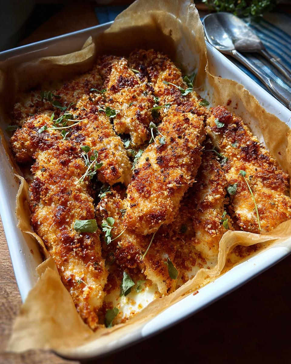 Golden brown, crispy baked chicken tenders garnished with fresh herbs, ready to serve.