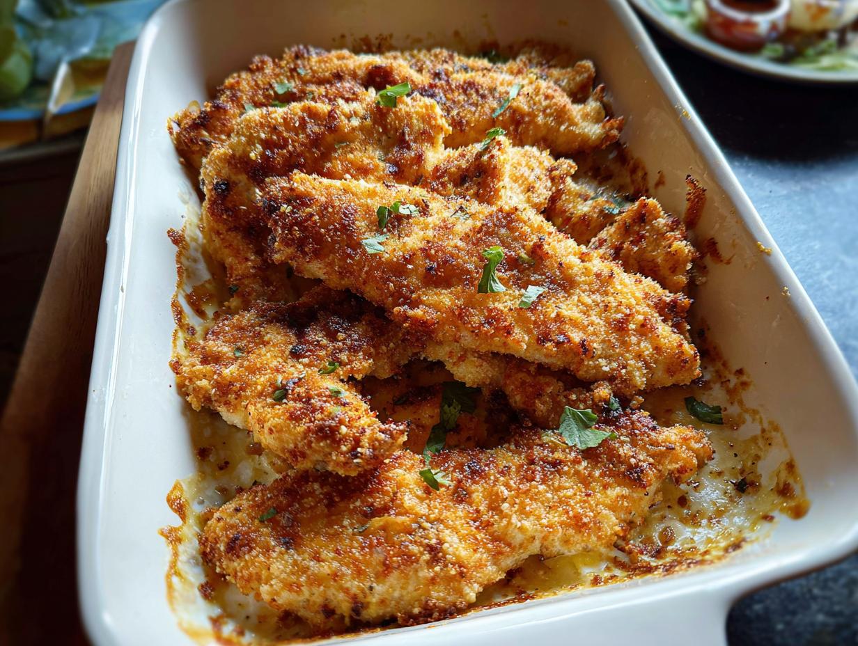 Golden brown, crispy breaded pieces of Melt In Your Mouth Chicken baked in a white rectangular dish.