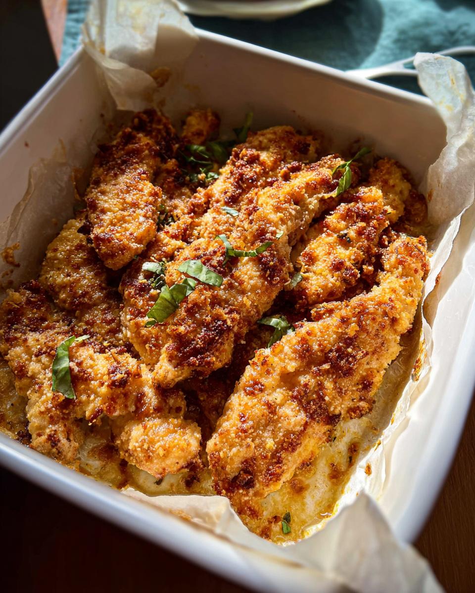 Golden brown, breaded Melt In Your Mouth Chicken tenders baked in a white dish lined with parchment paper.