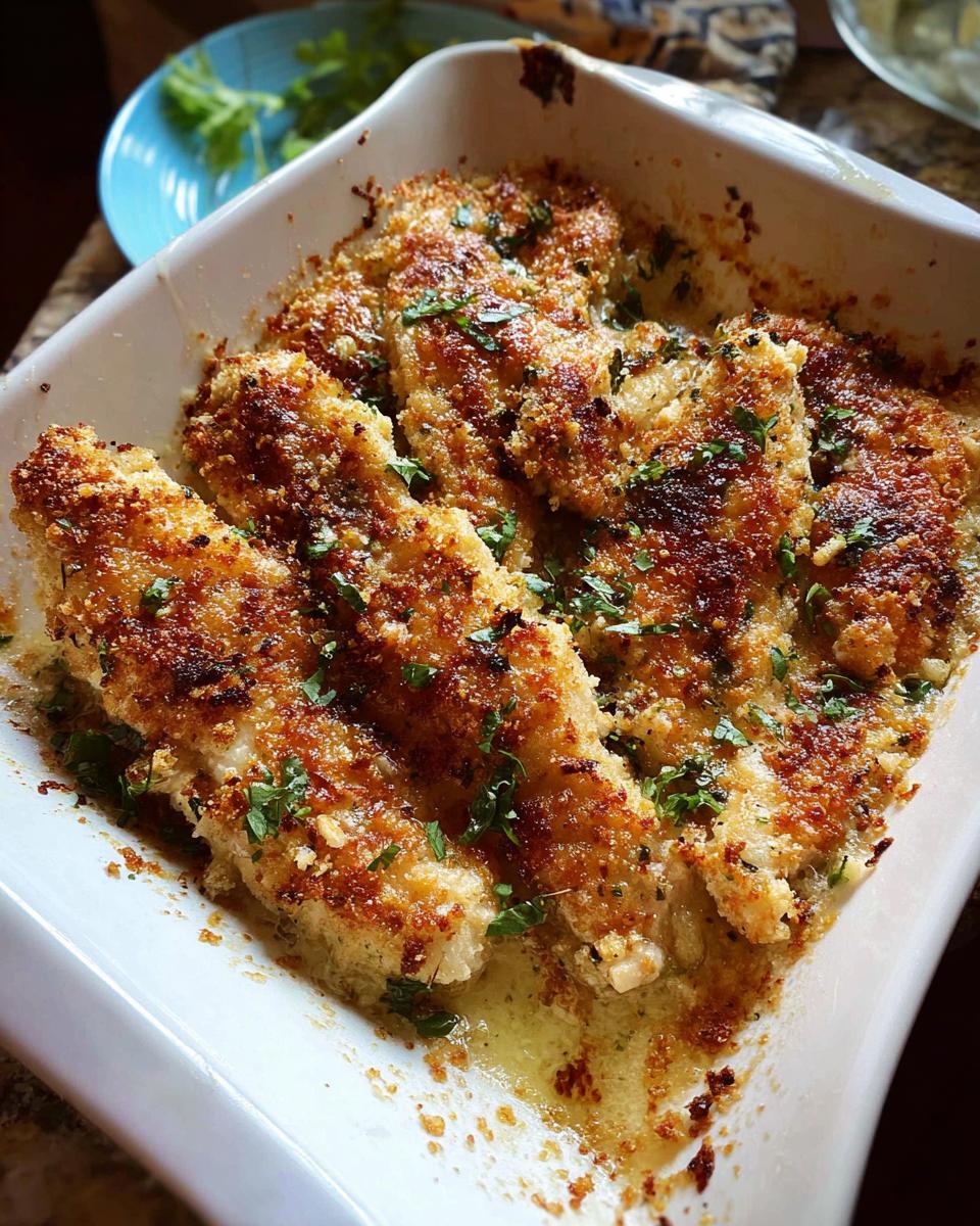 Close-up of baked, golden-brown crusted Melt In Your Mouth Chicken pieces in a white baking dish.
