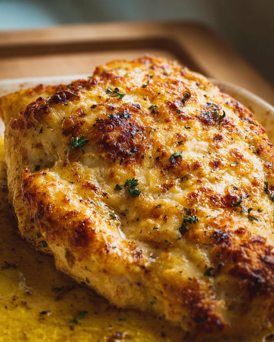Close-up of a golden-brown, cheesy baked chicken breast, promising a melt in your mouth texture.