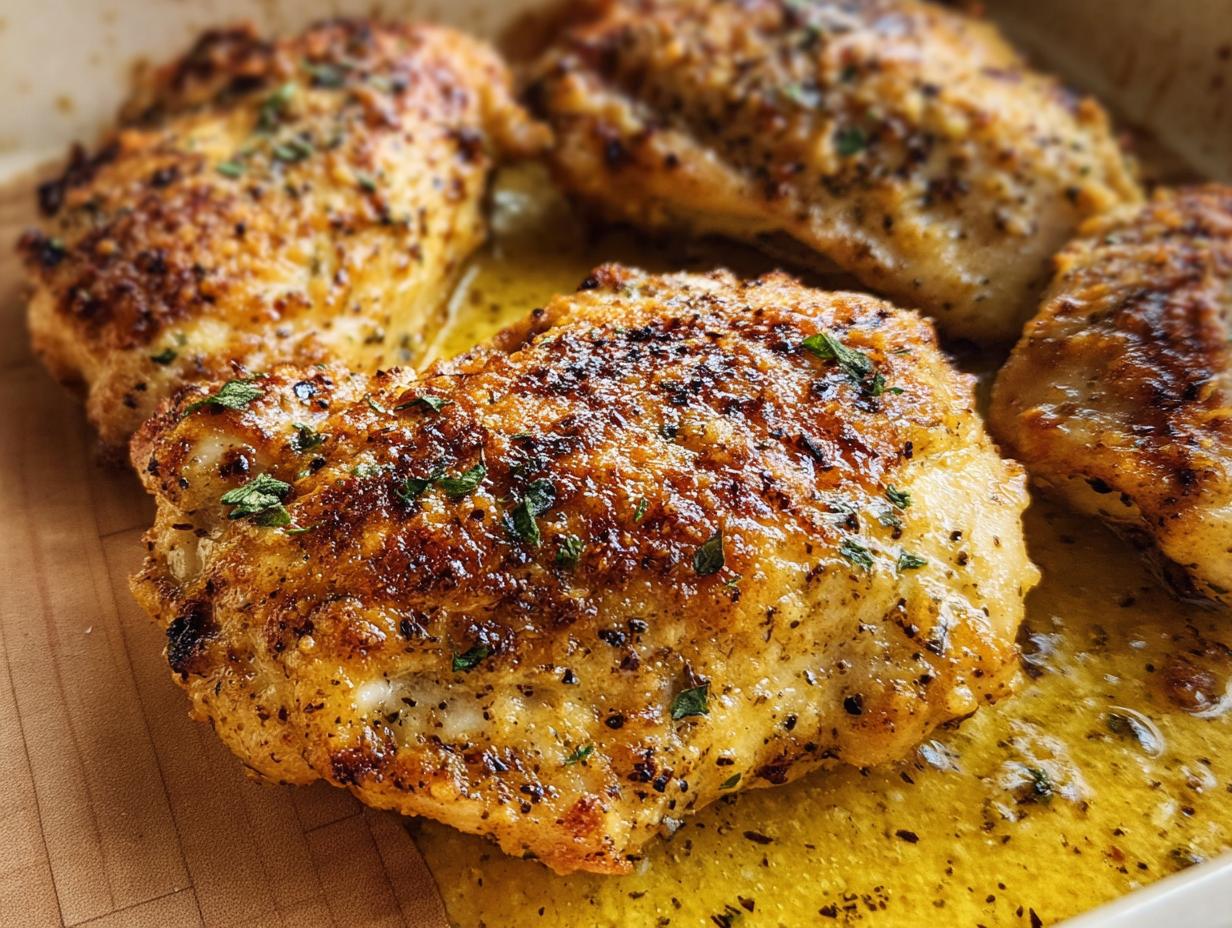 Close-up of four golden-brown, seasoned chicken breasts baking in a buttery sauce, achieving Melt in Your Mouth Chicken texture.