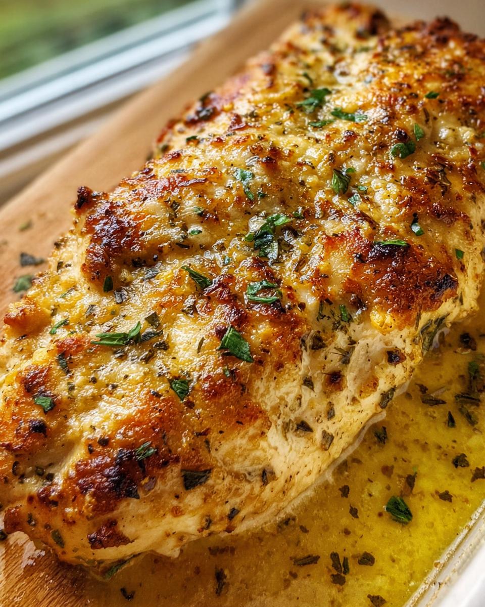 Close-up of a golden-brown, herb-crusted Melt in Your Mouth Chicken breast resting in savory pan juices.